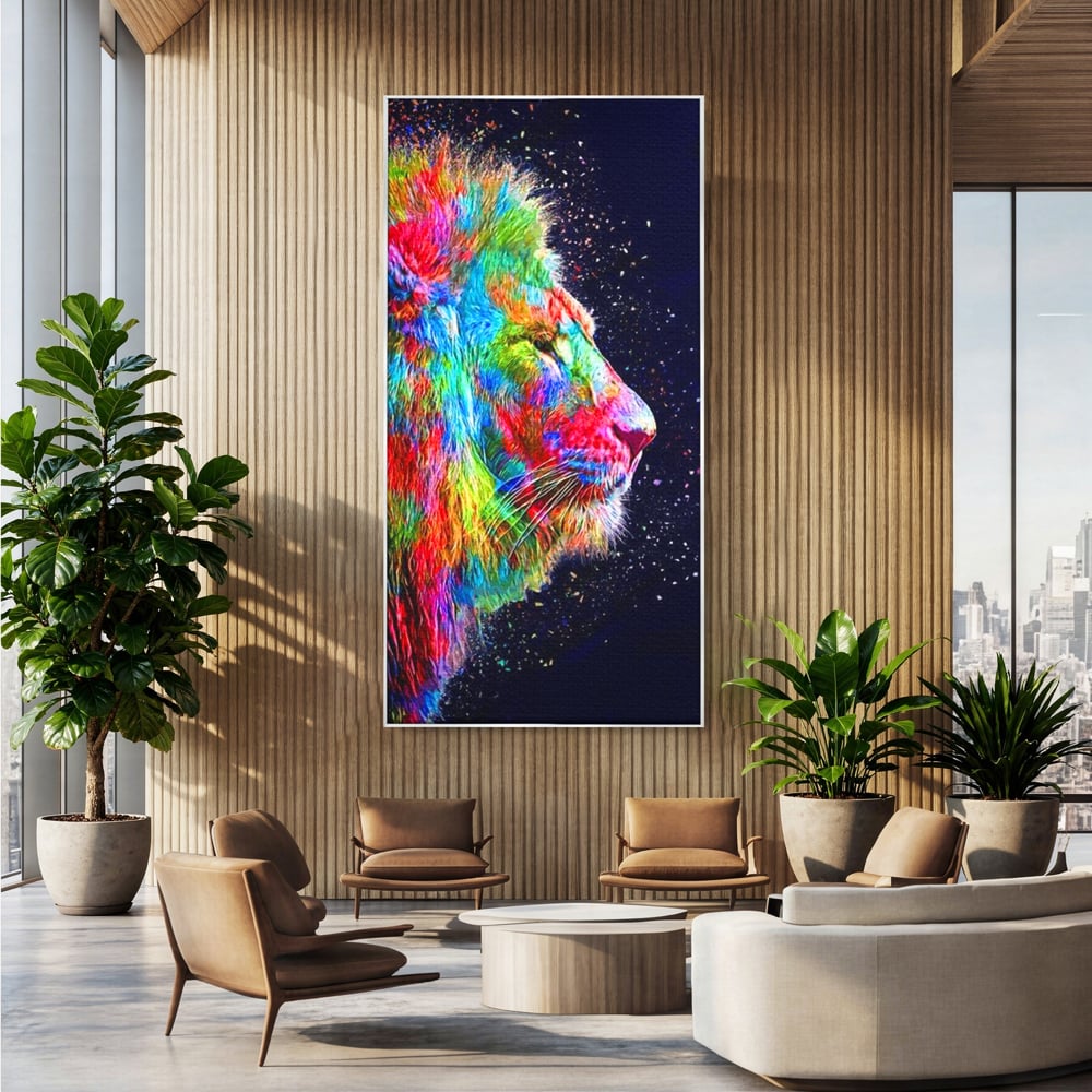 Tablou canvas cu tablou canvas cu profil de leu multicolor, in rama de aluminiu argintiu, pe perete intr-un birou